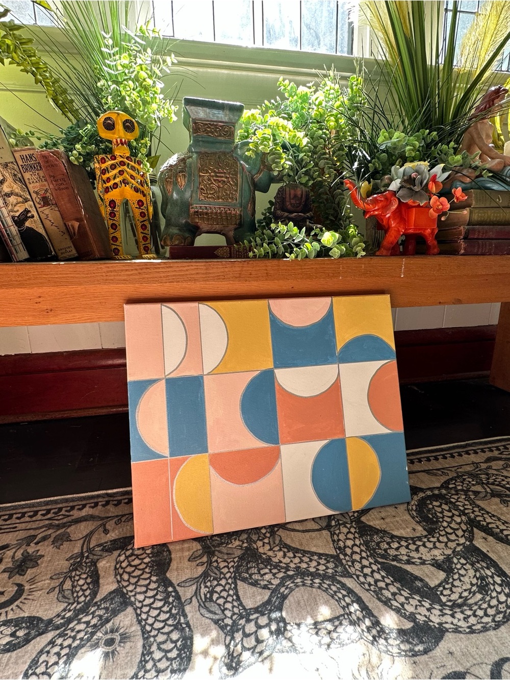 Abstract Geometric Wall Art Canvas in Blue, Peach, Yellow, Cream